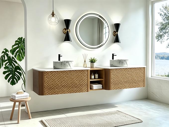 84 Inch Double Vanity with Sink Set, Floating Bathroom Sink Cabinet with Sintered Stone Top&Solid Wood Hammered Frame, Double Bathroom Vanities w/Soft-Close Drawers&1 Side Open Cube