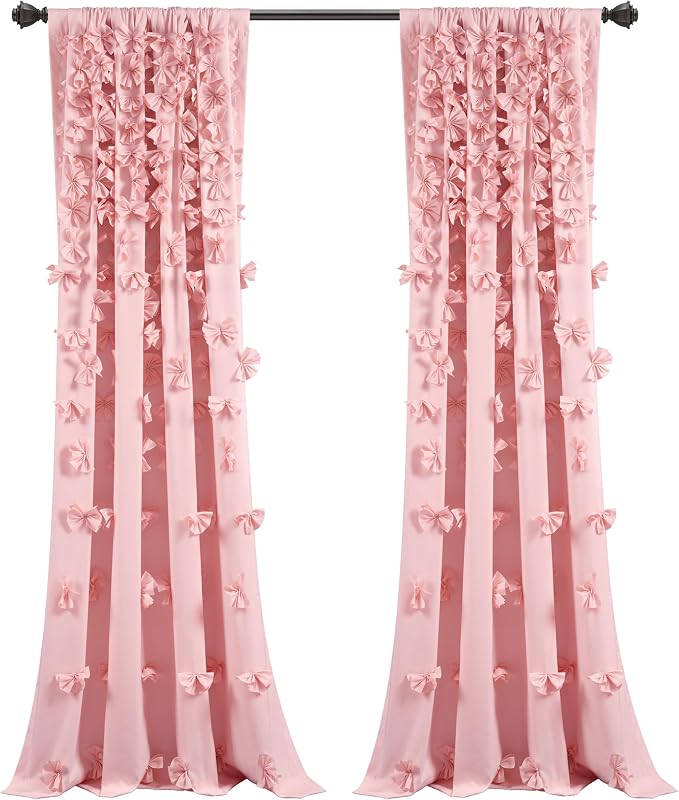 Lush Decor Riley Light Filtering Window Curtain Panel, Single 54" W x 84" L, Pink - Cute Pink Curtains for Bedroom - Bow Decor - Coquette Curtains for Windows