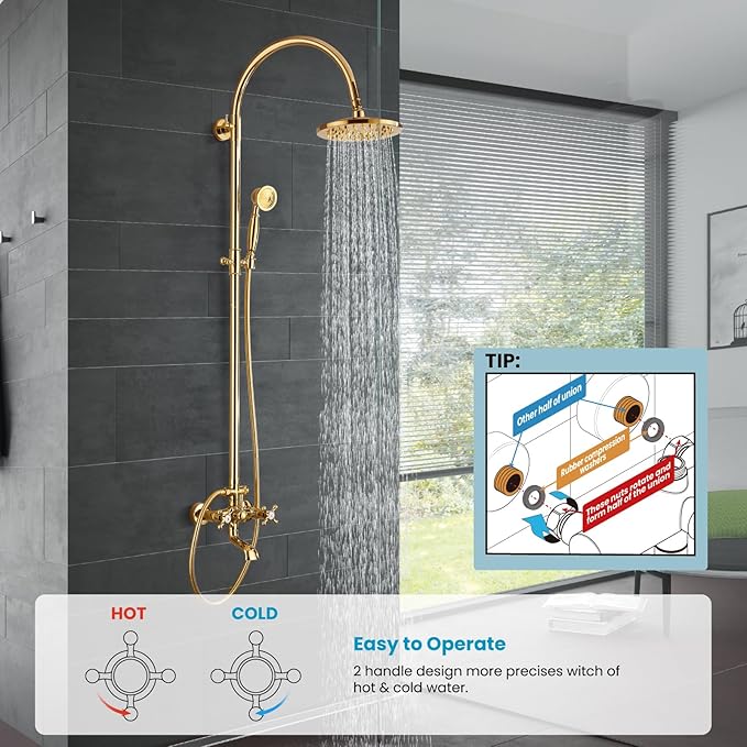 gotonovo Exposed Bathroom Shower Faucet Wall Mounted Shower System 8 Inch Shower Head and Tub Spout Double Cross Handles Adjustable Handheld Sprayer Curved Pipe Polished Gold
