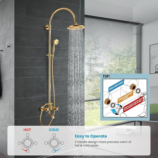 gotonovo Exposed Bathroom Shower Faucet Wall Mounted Shower System 8 Inch Shower Head and Tub Spout Double Cross Handles Adjustable Handheld Sprayer Curved Pipe Polished Gold