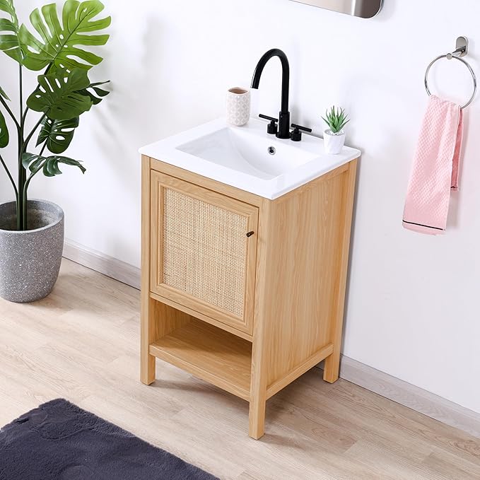 JONATHAN Y VAN1022A Jasper 20 in. W x 18 in. D x 33 in. H Rattan Modern Coastal 2-Shelf Bathroom Vanity Cabinet Only with Soft Closing Doors (Sink Basin Not Included), Oak