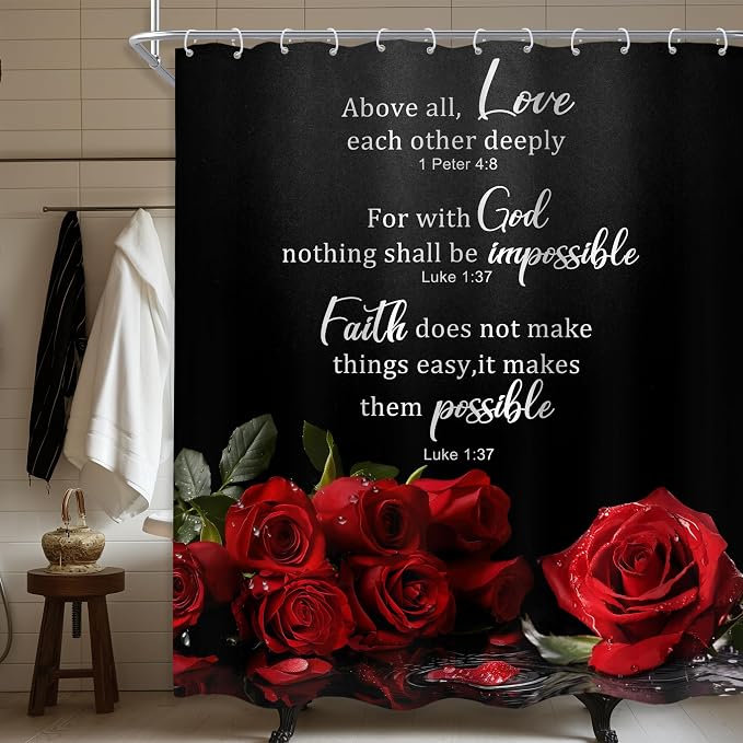 Black Red Rose Floral Christian Women Vintage Bathroom Shower Curtain Set | 60"W x 72"H Flower Inspirational; waterproof HD print, quick-dry fabric and plastic hooks for easy setup.