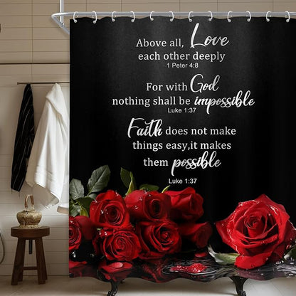 Black Red Rose Floral Christian Women Vintage Bathroom Shower Curtain Set | 60"W x 72"H Flower Inspirational; waterproof HD print, quick-dry fabric and plastic hooks for easy setup.