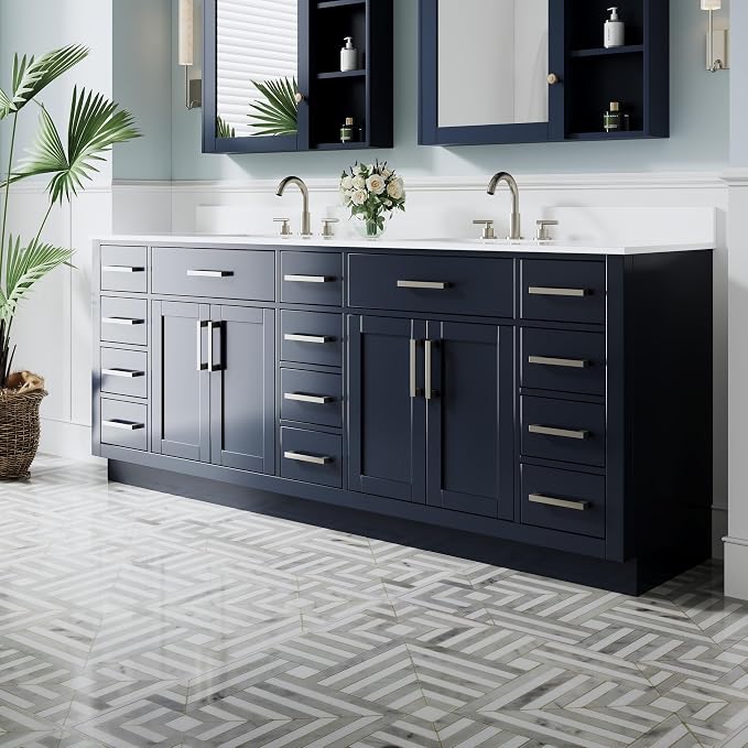 84-Inch Bathroom Vanity with Double Sinks W/ 4 Doors & 12 Drawers & 2 Flip Drawers, Navy Blue Vanity W/Brushed Nickel Handles