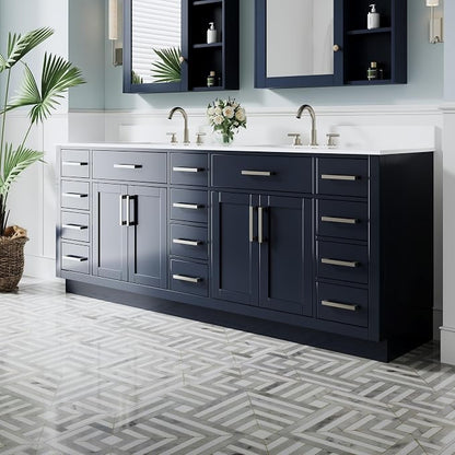 84-Inch Bathroom Vanity with Double Sinks W/ 4 Doors & 12 Drawers & 2 Flip Drawers, Navy Blue Vanity W/Brushed Nickel Handles