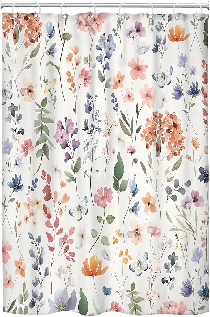 Boho Flower Narrow Colorful Floral Wildflower Bathroom Shower Curtain Set | 48"W x 72"H Leaves Plants; waterproof HD print, quick-dry fabric and plastic hooks for easy setup.