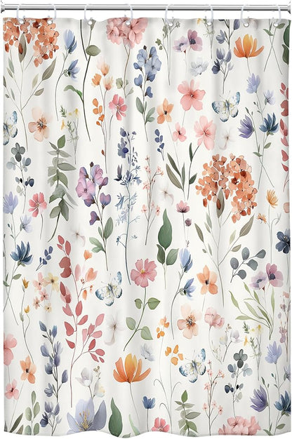 Boho Flower Narrow Colorful Floral Wildflower Bathroom Shower Curtain Set | 48"W x 72"H Leaves Plants; waterproof HD print, quick-dry fabric and plastic hooks for easy setup.