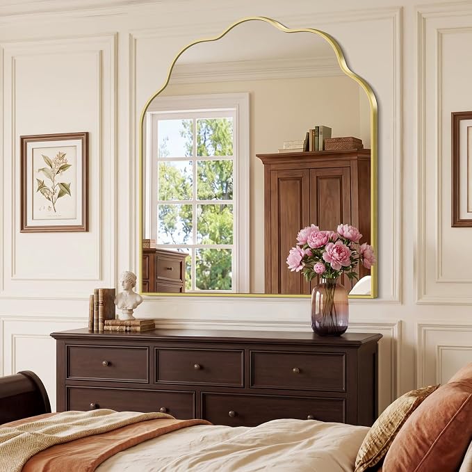 Gold Arched Mirror, 36×40Inch Scalloped Mirror for Bathroom, Wavy Wall Mounted Vanity Mirror with Aluminum Alloy Frame for Livingroom Bedroom and Entryway, Tempered Glass