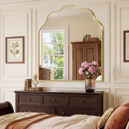 Gold Arched Mirror, 36×40Inch Scalloped Mirror for Bathroom, Wavy Wall Mounted Vanity Mirror with Aluminum Alloy Frame for Livingroom Bedroom and Entryway, Tempered Glass