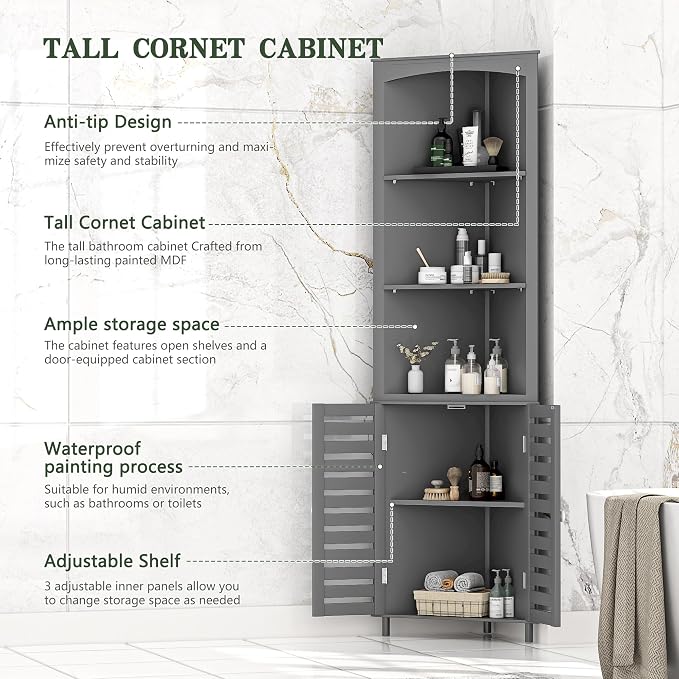 VECELO Bathroom Corner Cabinet, Triangle Open Shelving Shelf, Tall Freestanding Storage Hutch for Kitchen, Living Dining Room with Adjustable Storage Shelves and Doors, Grey