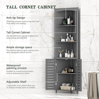 VECELO Bathroom Corner Cabinet, Triangle Open Shelving Shelf, Tall Freestanding Storage Hutch for Kitchen, Living Dining Room with Adjustable Storage Shelves and Doors, Grey