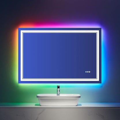 40x32 Inch RGB LED Bathroom Mirror with Lights | Front and RGB Backlit, Dimmable, Memory, Anti Fog, Shatterproof, Horizontal/Vertical, Lighted Mirrors for Bathroom Wall