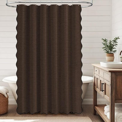 BTTN Extra Long Shower Curtain, 72x90 Boho Scalloped Linen Textured Heavy Duty Fabric Shower Curtain Set with Plastic Hooks, Large Vintage Farmhouse Waterproof Cloth Shower Curtain for Bathroom, Brown