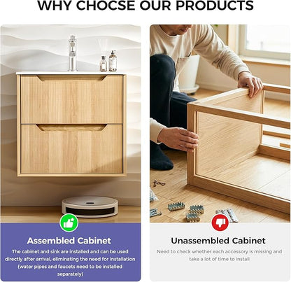 40" Japandi Floating Bathroom Vanity with Sink, Pre-Assembled Natural Oak Multi-Layer Solid Wood Bathroom Sink Vanity, Wall Mounted with Integrated Stone Top and 2 Soft Close Drawers