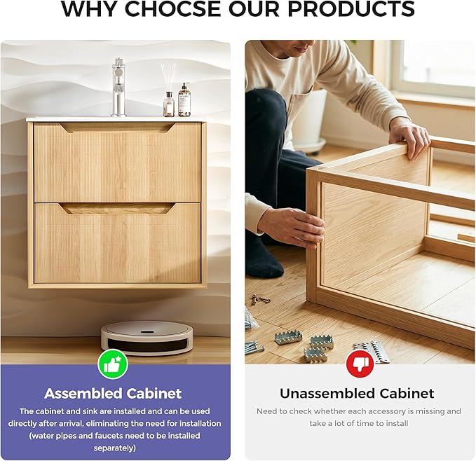 32" Japandi Floating Bathroom Vanity with Sink, Pre-Assembled Natural Oak Multi-Layer Solid Wood Bathroom Sink Vanity, Wall Mounted with Integrated Stone Top and 2 Soft Close Drawers