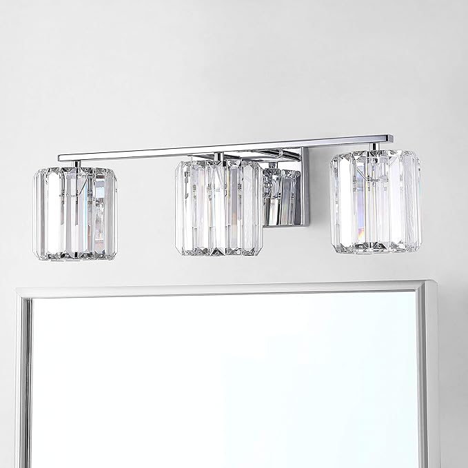 JONATHAN Y 4.75" Chrome 3-Light Vintage Glam LED Vanity Light Wall Sconce Fixture with Clear Crystal Prism Shade, Hardwired Wall Lamp for Bathroom Mirror Hallway, LED Bulb Included (JYL3554A)
