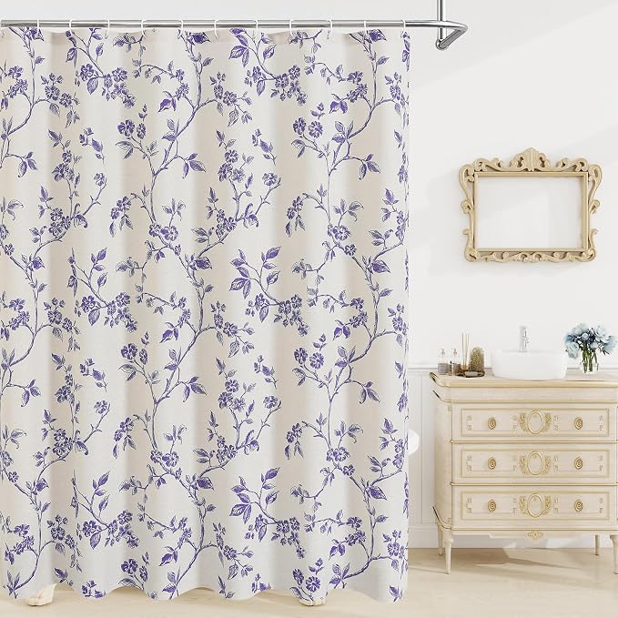 MitoVilla Long Shower Curtain Set 72 x 78, Cotton Floral Cottagecore Spring Shower Curtains for Bathroom, Modern Farmhouse Country Plant Leaves Bathroom Décor