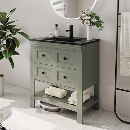 eclife 30" Bathroom Vanity with Sink Combo, Modern Painted Vanities Cabinet with Big Drawers, Opening Bottom Shelf, Raised Foot Pads, Include Undermount Black Sink, Faucet & Drain, Green