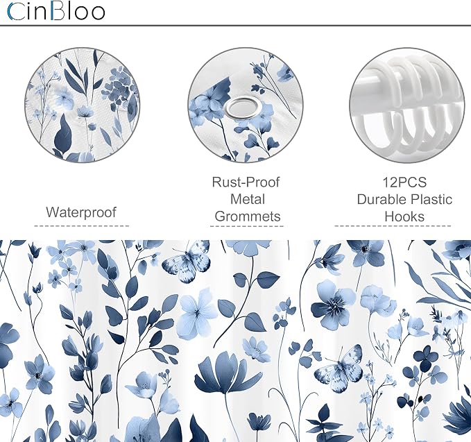 Cute Floral Navy Blue Flower Wildflower Rustic Bathroom Shower Curtain Set | 72"W x 72"H Plants Leaves; waterproof HD print, quick-dry fabric and plastic hooks for easy setup.