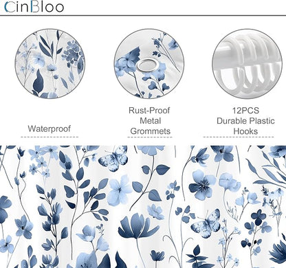 Cute Floral Navy Blue Flower Wildflower Rustic Bathroom Shower Curtain Set | 72"W x 72"H Plants Leaves; waterproof HD print, quick-dry fabric and plastic hooks for easy setup.
