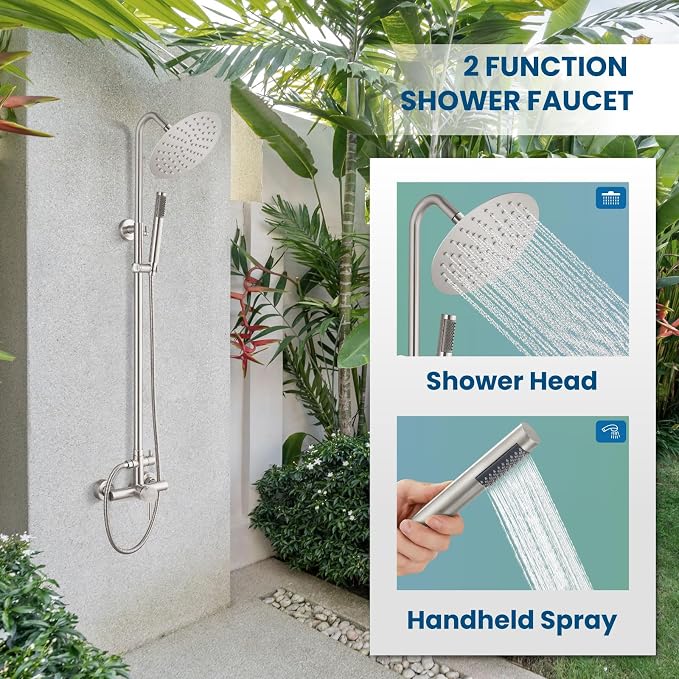 gotonovo 304 Stainless Steel Outdoor Shower Fixtures Exposed,Brushed Nickel | 8 Inch Rain Showerhead with Handheld Sprayer Outdoor Outside Shower Kit System Faucet Head Valve Wall Mount for Pool Backyard