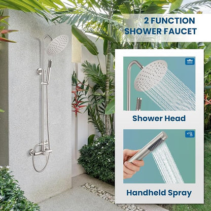gotonovo 304 Stainless Steel Outdoor Shower Fixtures Exposed,Brushed Nickel | 8 Inch Rain Showerhead with Handheld Sprayer Outdoor Outside Shower Kit System Faucet Head Valve Wall Mount for Pool Backyard