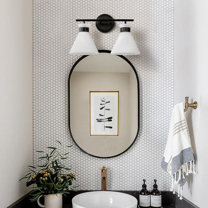 WOSHITU Black Bathroom Vanity Light Fixtures: Bathroom Lighting Fixtures Over Mirror 17.3 inch with Milky White Frosted Glass, 2-Lights Mid Century Modern Vanity Lighting Wall Light(Exclude Bulb)