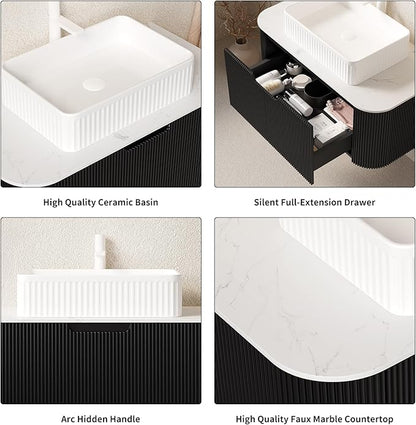 Yayzy 48" Floating Bathroom Vanity with Sink, Solid Wood Fluted Cabinet, White Fluted Square Ceramic Basin & Faux Marble Top, Soft-Close Drawer, Pre-Assembled, Gloss Black