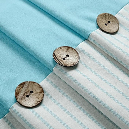 DOSLY Ides Farmhouse Teal Shower Curtain for Bathroom, Beige and Teal Stripe, Button Curtain, Cotton Blend Woven Fabric, Rustic Charm Country Chic Style, 72x72 in