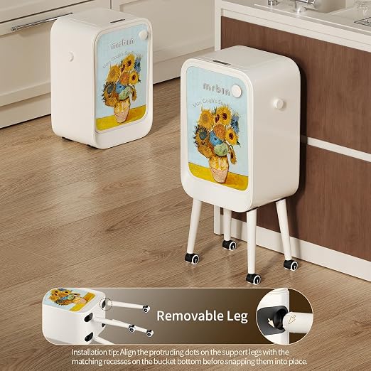 MRBIN Stainless Steel Motion Sensor Trash Can Bathroom with Butterfly Lid and Leg, Wheeled 5.5 Gal Tall Automatic Smart Waste Basket, Touchless Electric Dustbin for Bedroom, Toilet, Sunflower Pattern