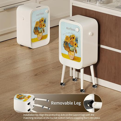 MRBIN Stainless Steel Motion Sensor Trash Can Bathroom with Butterfly Lid and Leg, Wheeled 5.5 Gal Tall Automatic Smart Waste Basket, Touchless Electric Dustbin for Bedroom, Toilet, Sunflower Pattern