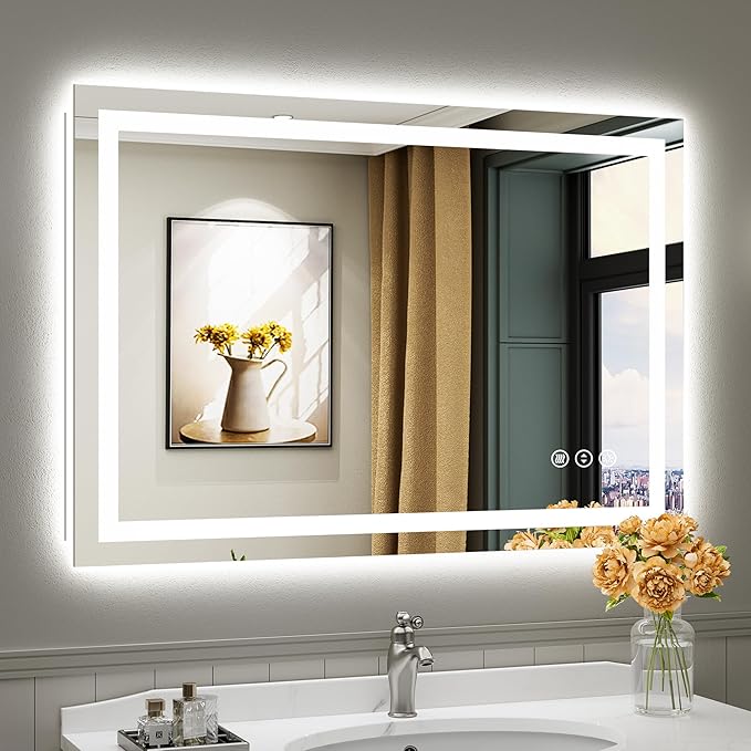 44x30 Inch LED Bathroom Mirror with Lights, Backlit & Front Lit, Anti-Fog Lighted Bathroom Vanity Mirror for Wall, Memory Function, Dimmable, HD Tempered Glass, Shatter-Proof