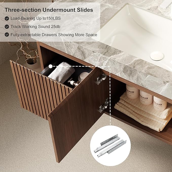 48 inch Floating Bathroom Vanity with Sink, Modern Plywood Bathroom Vanities with Drawer and Doors, Light Gray Sintered Stone and 3 Pre-drilled Faucet Holes Ceramic Basin, Pre-Assembled, Dark Oak