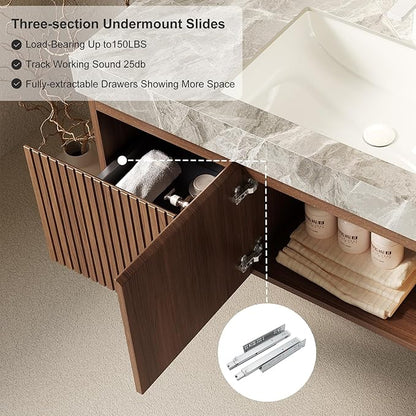 48 inch Floating Bathroom Vanity with Sink, Modern Plywood Bathroom Vanities with Drawer and Doors, Light Gray Sintered Stone and 3 Pre-drilled Faucet Holes Ceramic Basin, Pre-Assembled, Dark Oak