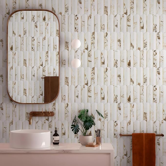 Vamos Tile Peel and Stick Backsplash Seamless Tile,10-Sheet Fish Scale Tile | Stick on Backsplash for Kitchen & Bathroom,White Marble Look PVC+Metal Gold Self Adhesive Mosaic Wall Tiles,11.9''x10.8''