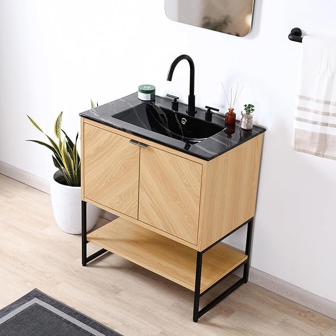 JONATHAN Y VAN1014A Juhl 30 in. W x 18 in. D x 33 in. H Chevron-Front Modern Minimalist 2-Shelf Bathroom Vanity Cabinet Only with Soft Closing Doors (Sink Basin Not Included), Oak
