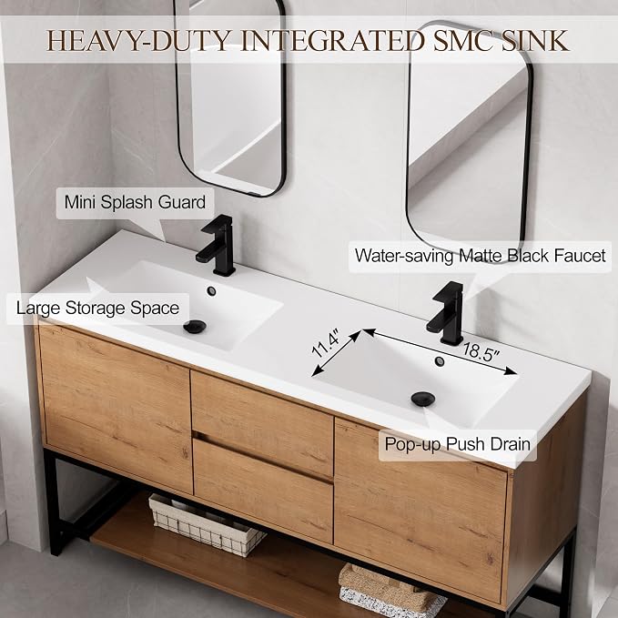 LUCKWIND 60" Modern Bathroom Vanity with Dual White Sink Combo, Freestanding Storage Cabinet with Metal Frame, Matte Black Faucet and Open Shelf and 2 Soft-Closing Door, Natural