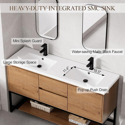 LUCKWIND 60" Modern Bathroom Vanity with Dual White Sink Combo, Freestanding Storage Cabinet with Metal Frame, Matte Black Faucet and Open Shelf and 2 Soft-Closing Door, Natural