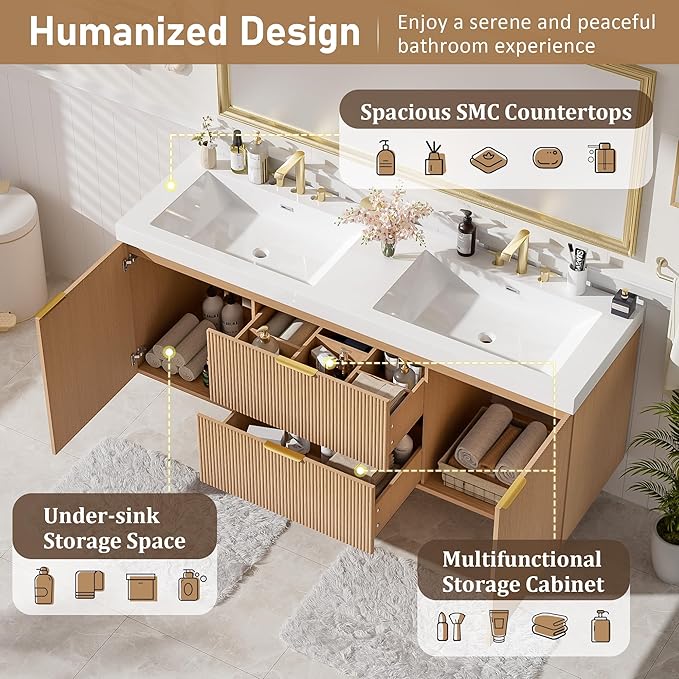 Merax 60 inch Bathroom Vanity with Double Sink, Floating Bathroom Vanities with SMC Resin Top, Painted MDF Cabinet with Solid Wood Frame, Wall-Mounted Modern Storage Vanity for Large Bathrooms