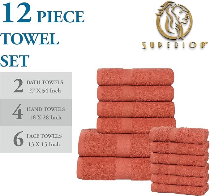 Superior 12-Piece Cotton Assorted Towel Set, Includes 6 Face Towel, 4 Hand, and 2 Bath Towels, Home, Bathroom, Guest Bath Essentials, Quick Dry, Absorbent, Franklin Collection - Coral