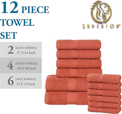 Superior 12-Piece Cotton Assorted Towel Set, Includes 6 Face Towel, 4 Hand, and 2 Bath Towels, Home, Bathroom, Guest Bath Essentials, Quick Dry, Absorbent, Franklin Collection - Coral