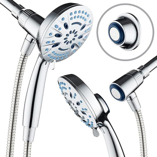 AquaCare Magneton 8-Mode High Pressure Handheld Shower Head with 2 Brackets | Space-age Magnetic Guidance Docking, Giant 5-inch Face with Hygienic Jets, Extra-long 6 ft. Stainless Steel Hose / Chrome