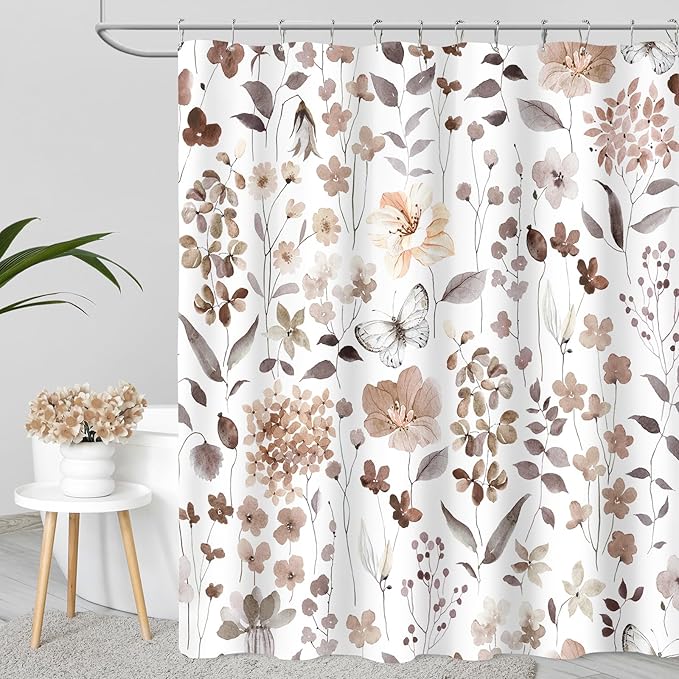 Extra Long Shower Curtain 72 x 96 Inch, Floor to Ceiling X-Long Brown Floral Shower Curtain, Watercolor Flower Butterfly Fabric Shower Curtain Set with Hooks