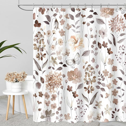 Extra Long Shower Curtain 72 x 96 Inch, Floor to Ceiling X-Long Brown Floral Shower Curtain, Watercolor Flower Butterfly Fabric Shower Curtain Set with Hooks