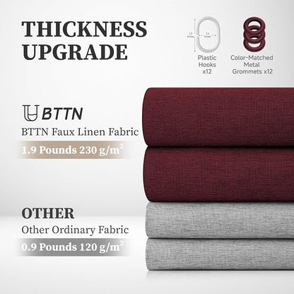 Long Linen Textured Waterproof Shower Curtain Set, 72x84, Burgundy | Tall Size, 230GSM Polyester, Heavy Duty Cloth, Weighted Hem, 12 Plastic Hooks, Modern Luxury Hotel Style, Machine Washable
