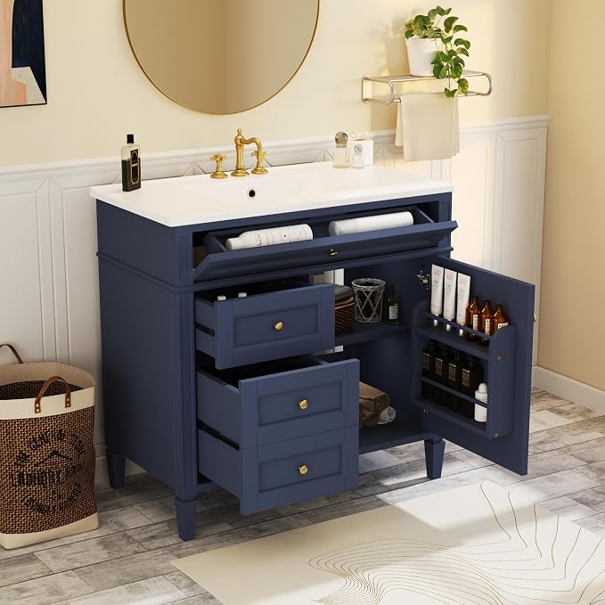 Merax 36 Inch Bathroom Vanity with Top Sink, Modern Bathroom Storage Cabinet with 2 Drawers and a Tip-Out Drawer, Solid Wood Frame Single Sink Bath Vanities, Blue