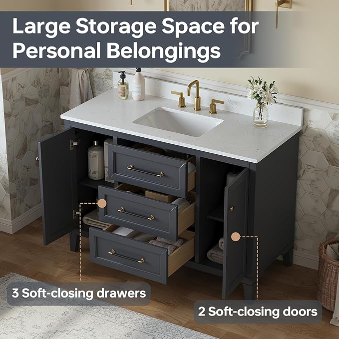 48 Inch Bathroom Vanity with Sink, Solid Wood Vanity with Engineered Stone Top, Fully-Assembled Vanity with Soft Closing Doors & Dovetail Drawers, Single Sink Bathroom Cabinet, Charcoal Gray