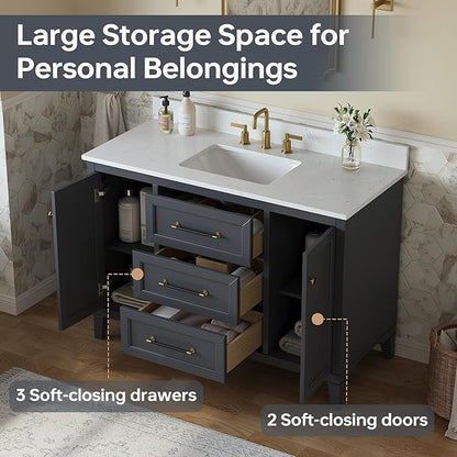48 Inch Bathroom Vanity with Sink, Solid Wood Vanity with Engineered Stone Top, Fully-Assembled Vanity with Soft Closing Doors & Dovetail Drawers, Single Sink Bathroom Cabinet, Charcoal Gray