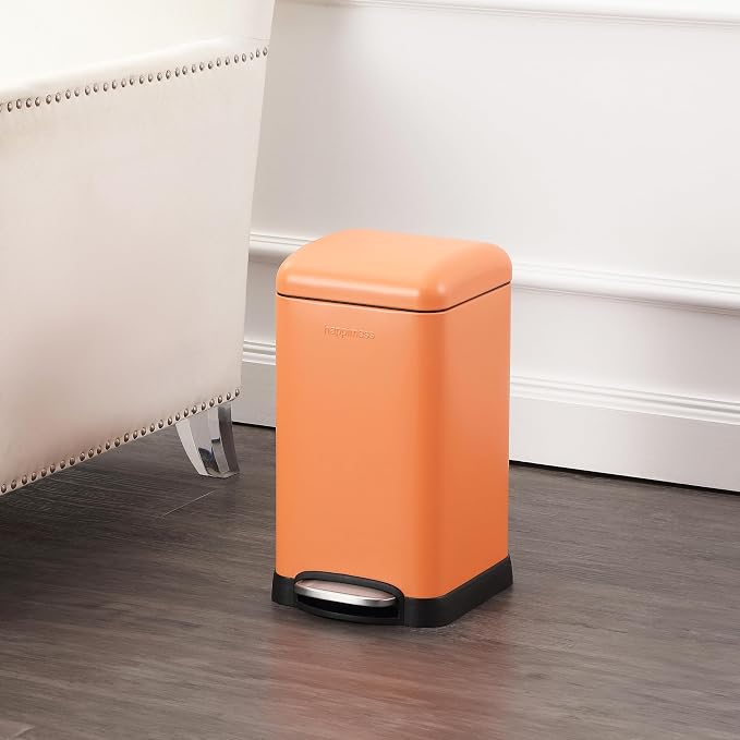 happimess Betty Retro Mini 3.2 Gal Step Trash Can, Carrot Cake | Soft-Close Lid, Removable Liner, Iron, Hands-Free Pedal, Satin Finish, Non-Skid Base, Built-In Damper, Modern, Minimalistic