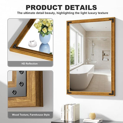 Hasipu Farmhouse Bathroom Mirror, 24"x36" Rustic Wood Framed Wall Mounted Mirror, Walnut Vintage Vanity Mirror Modern Farmhouse Style Decrative Mirrors